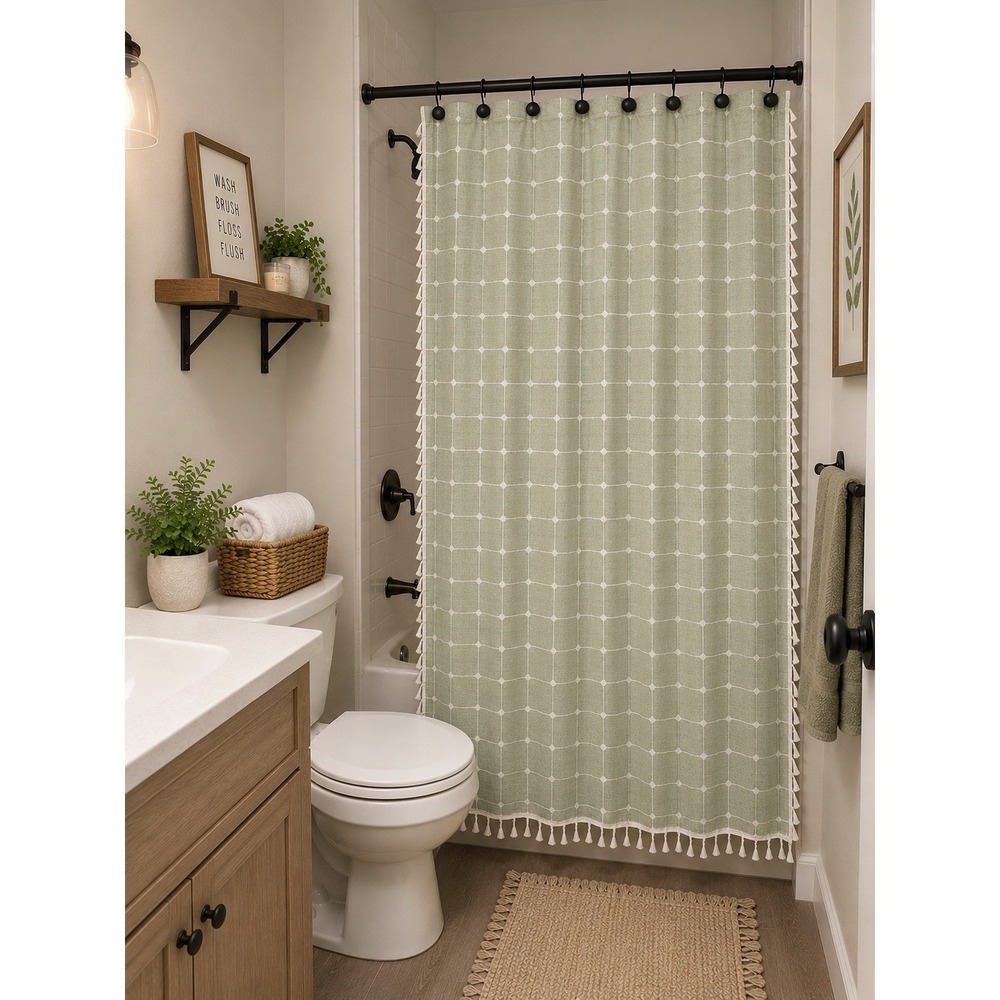 Yuanice Linen Blend Shower Curtain Sage Green‎ Grid Tassel Farmhouse 47x72